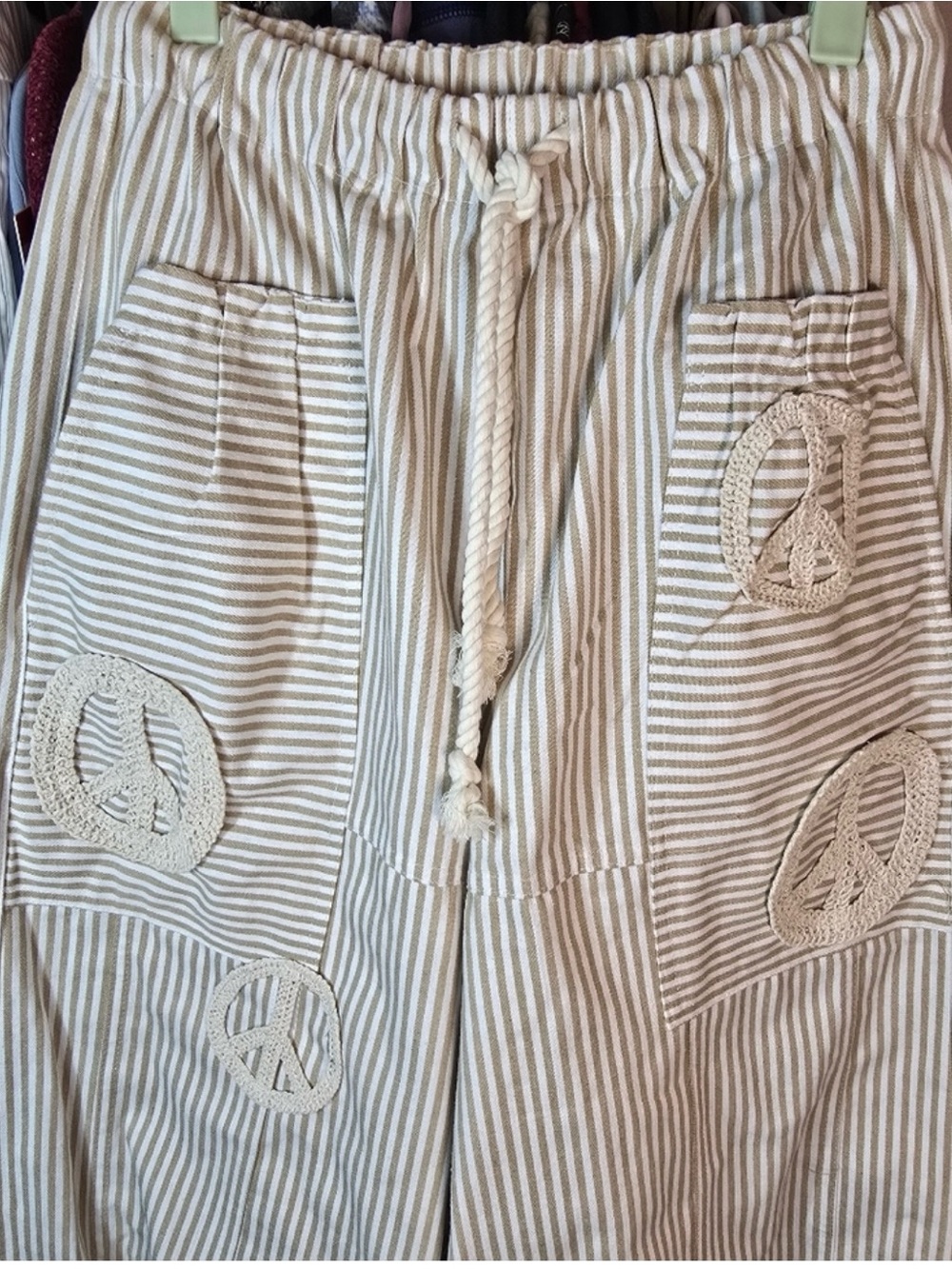 Striped Drawstring Pants with Crochet Peace Appliqués - Beige & White